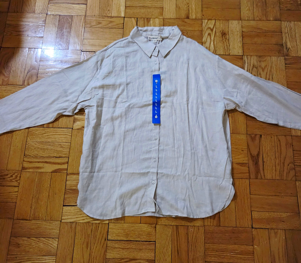 [BLANKNYC] Women Linen Woven Button-Up Collared Long Sleeve Beige Shirt Sz L